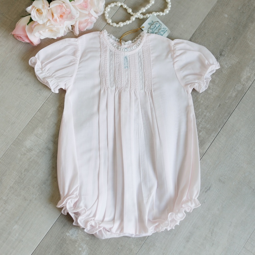 Pink Heirloom Romper Bubble Lace Pin Tucks Feltman Brothers NWT